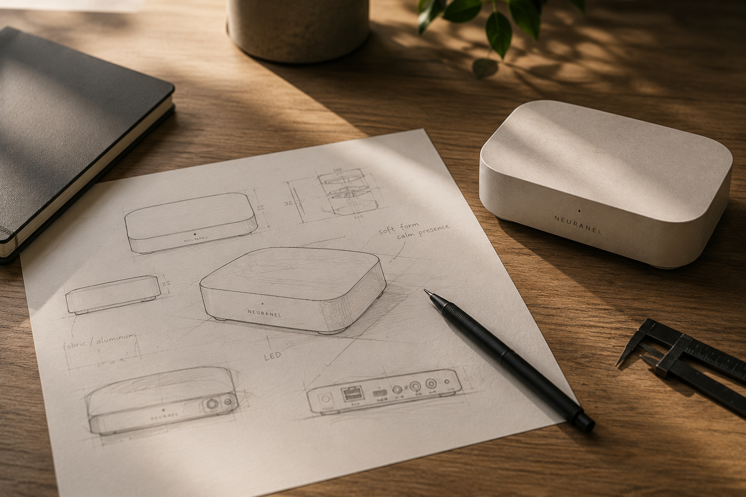 Product sketches and Neuranel Link prototype on a wooden desk