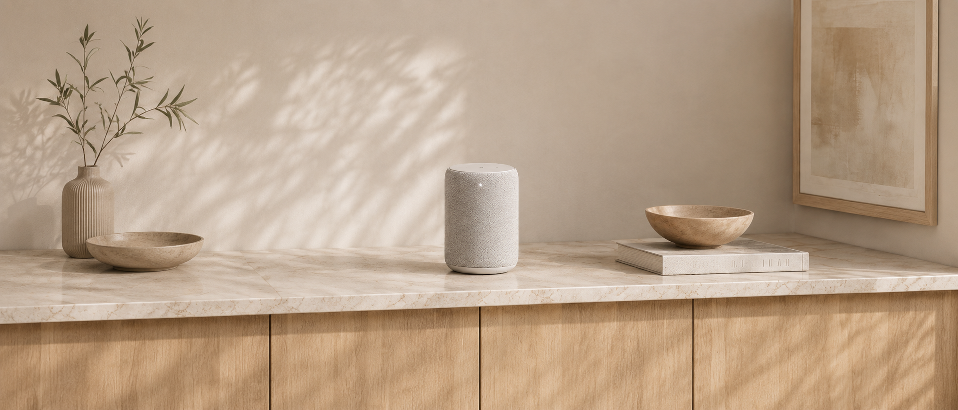 NR1 speaker on a stone console in a calm interior