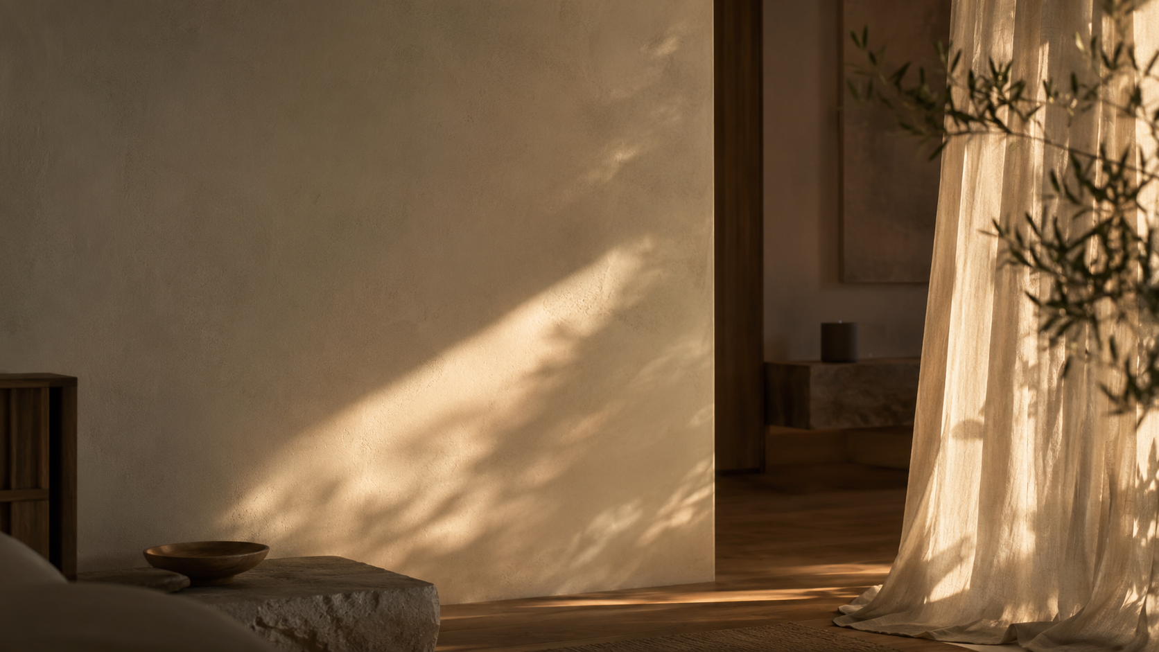 Warm quiet living space with soft evening light